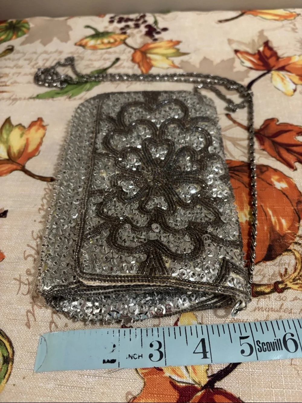 Silver Sequin Floral Evening Crossbody Bag